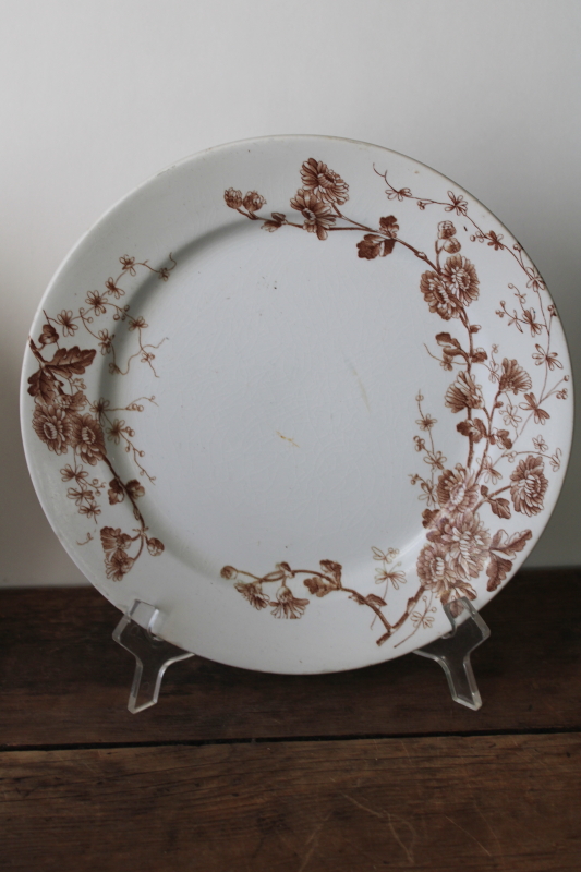 photo of old antique brown transferware china plates lot mismatched floral patterns white ironstone  #10