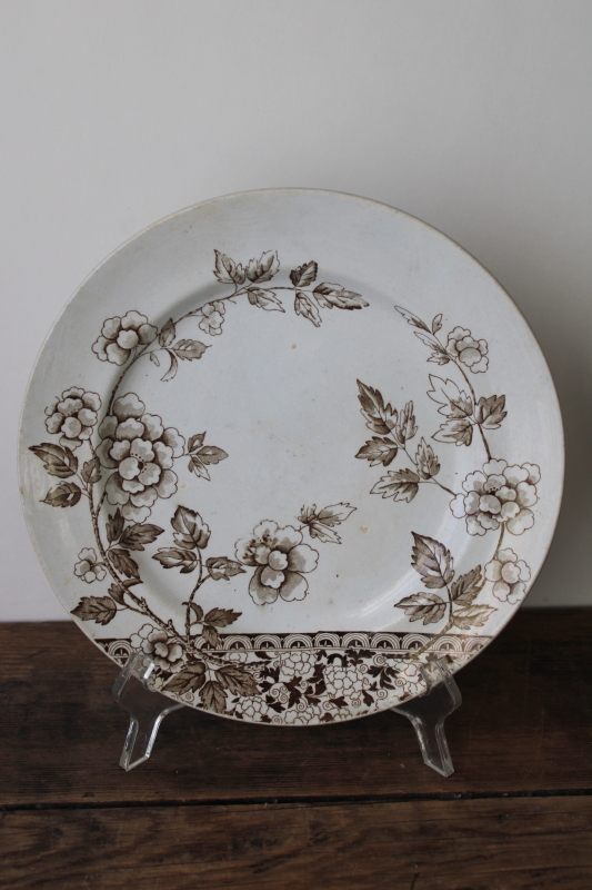 photo of old antique brown transferware china plates lot mismatched floral patterns white ironstone  #11