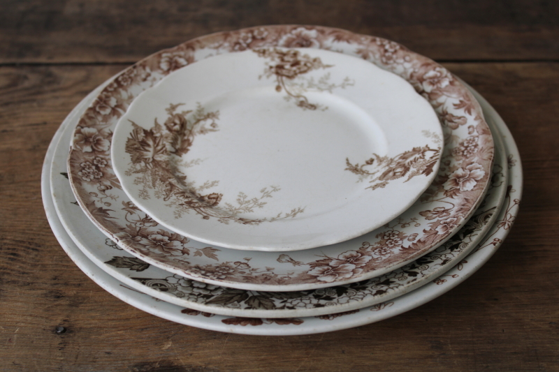 photo of old antique brown transferware china plates lot mismatched floral patterns white ironstone  #12