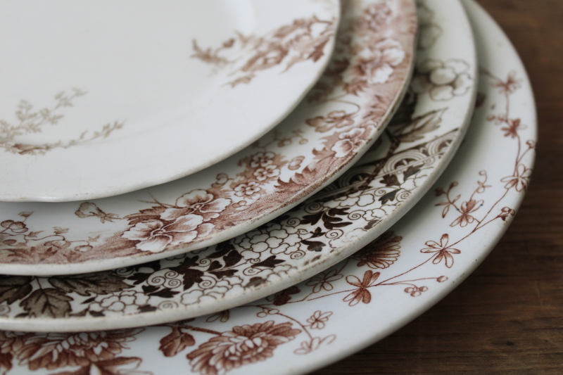 photo of old antique brown transferware china plates lot mismatched floral patterns white ironstone  #13