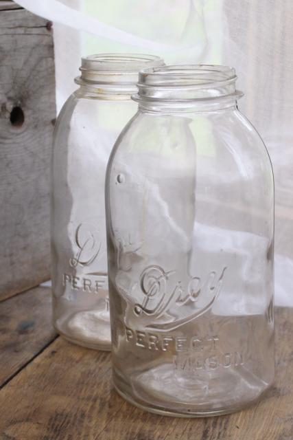 photo of old antique canning jars, pre Ball Drey Perfect Mason big 2 qt clear glass canisters #1