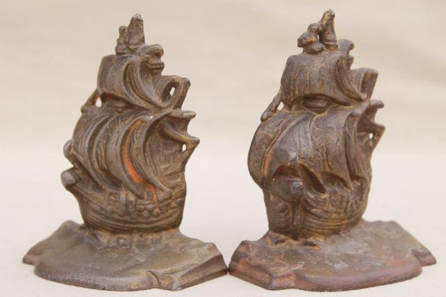 photo of old antique cast iron bookends, vintage sailing ship book ends #1