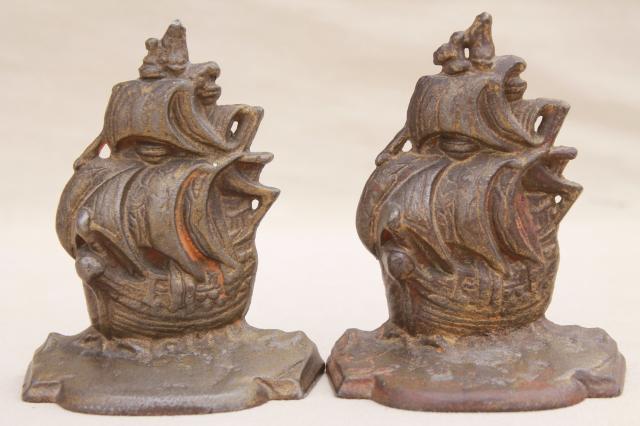 photo of old antique cast iron bookends, vintage sailing ship book ends #2