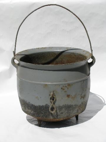 photo of old antique cast iron cauldron pot, vintage farm primitive for Halloween #1