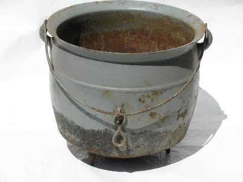 photo of old antique cast iron cauldron pot, vintage farm primitive for Halloween #2