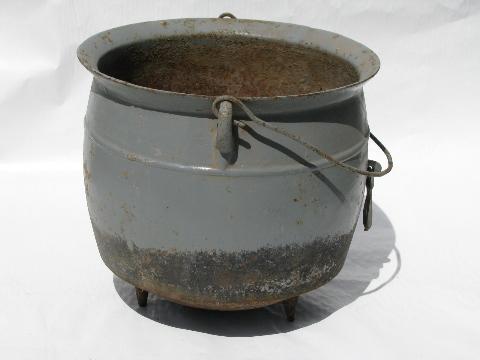 photo of old antique cast iron cauldron pot, vintage farm primitive for Halloween #3