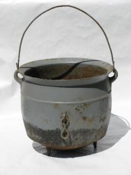 catalog photo of old antique cast iron cauldron pot, vintage farm primitive for Halloween