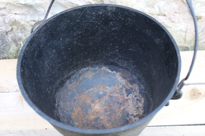 photo of old antique cast iron kettle, three legged cooking pot witchs cauldron w/ handle #3