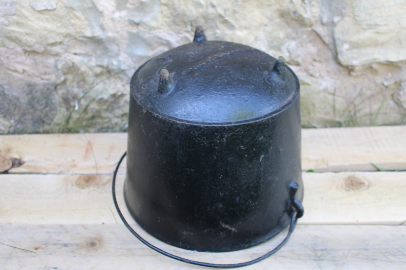 photo of old antique cast iron kettle, three legged cooking pot witchs cauldron w/ handle #4