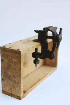 catalog photo of old antique cast iron vise, bench clamp tiny vise w/ anvil for jewelers metalworking or miniatures 