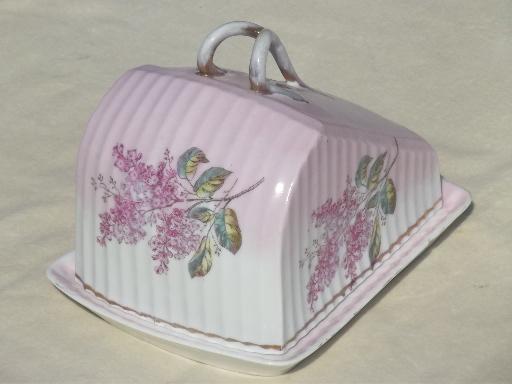 photo of old antique cheese wedge plate & dome cover, lilacs hand-painted china #3