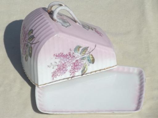 photo of old antique cheese wedge plate & dome cover, lilacs hand-painted china #5