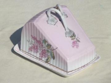 catalog photo of old antique cheese wedge plate & dome cover, lilacs hand-painted china