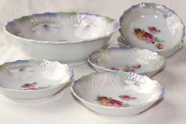 photo of old antique china dessert dishes w/ roses, iridescent luster color - Bavaria porcelain bowls #1