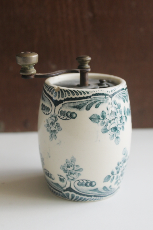 photo of old antique china pepper mill hand crank spice grinder, blue green transferware floral  #1