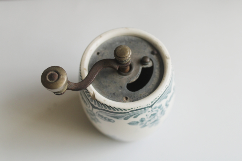 photo of old antique china pepper mill hand crank spice grinder, blue green transferware floral  #2