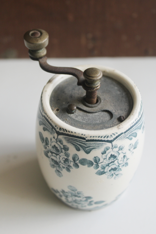 photo of old antique china pepper mill hand crank spice grinder, blue green transferware floral  #3