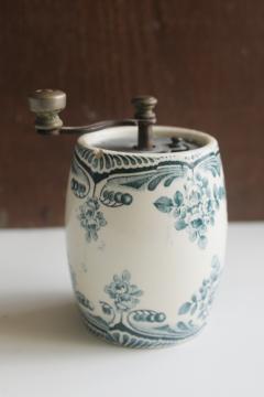 catalog photo of old antique china pepper mill hand crank spice grinder, blue green transferware floral 