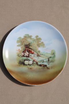 catalog photo of old antique china plate w/ thatched stone cottage country scene, Germany mark