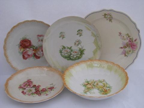 photo of old antique china plates & bowls w/ flowers, roses, luster, early 1900s vintage #1