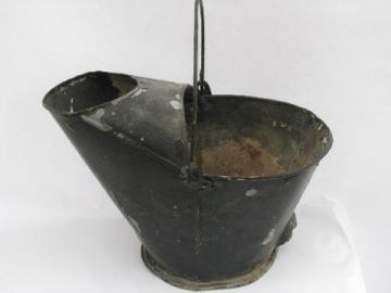 catalog photo of old antique coal scuttle bucket, shabby porch hanging flower pot planter