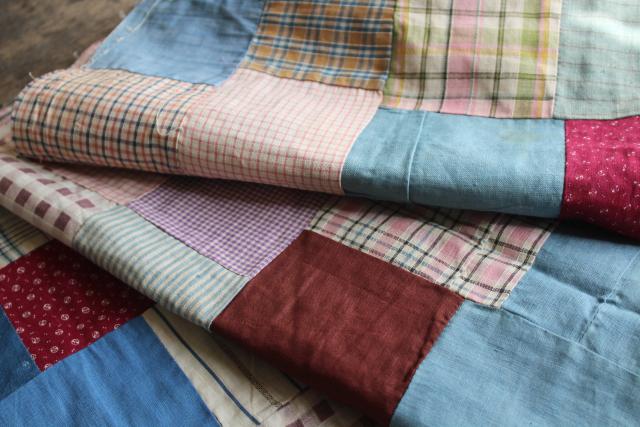 photo of old antique cotton fabrics prints & striped shirting patchwork quilt block table runner #1