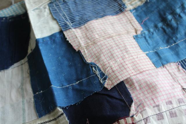 photo of old antique cotton fabrics prints & striped shirting patchwork quilt block table runner #2