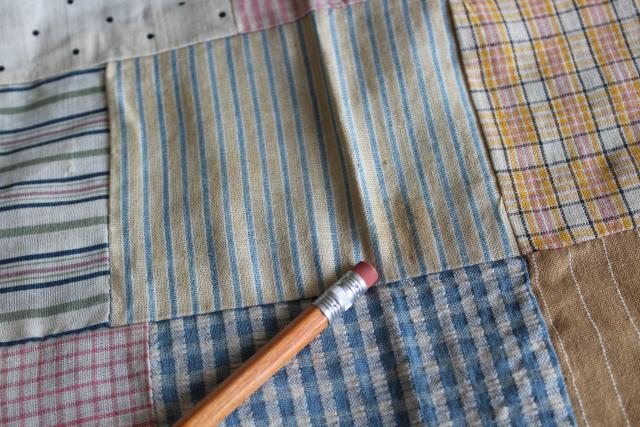 photo of old antique cotton fabrics prints & striped shirting patchwork quilt block table runner #4