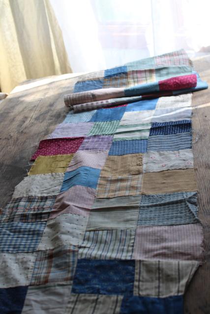 photo of old antique cotton fabrics prints & striped shirting patchwork quilt block table runner #5