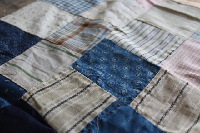 photo of old antique cotton fabrics prints & striped shirting patchwork quilt block table runner #6