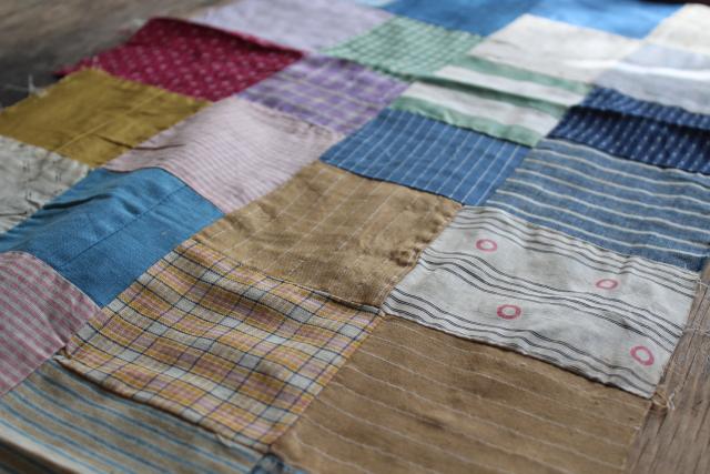 photo of old antique cotton fabrics prints & striped shirting patchwork quilt block table runner #7