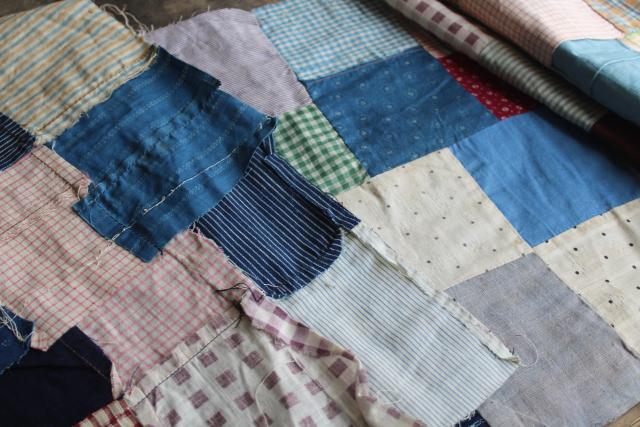 photo of old antique cotton fabrics prints & striped shirting patchwork quilt block table runner #8