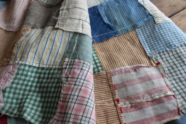 photo of old antique cotton fabrics prints & striped shirting patchwork quilt block table runner #9