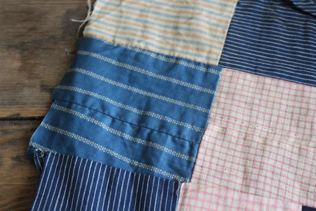 photo of old antique cotton fabrics prints & striped shirting patchwork quilt block table runner #12