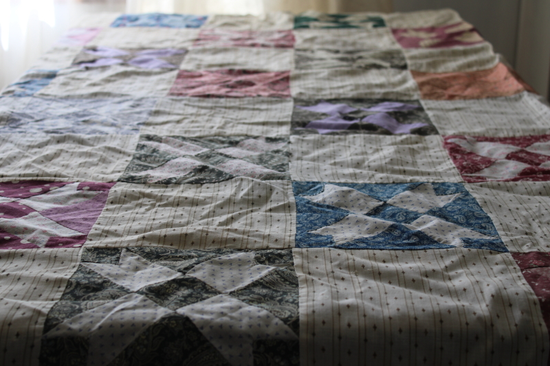 photo of old antique cotton patchwork quilt block table runner, calico prints & striped shirting fabric #1