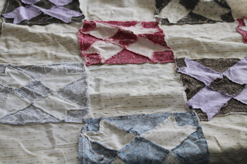 photo of old antique cotton patchwork quilt block table runner, calico prints & striped shirting fabric #2