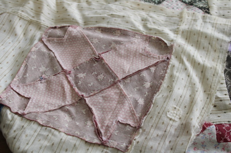 photo of old antique cotton patchwork quilt block table runner, calico prints & striped shirting fabric #5