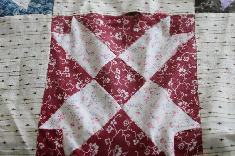 photo of old antique cotton patchwork quilt block table runner, calico prints & striped shirting fabric #7