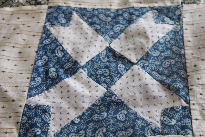 photo of old antique cotton patchwork quilt block table runner, calico prints & striped shirting fabric #8