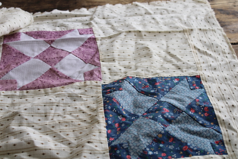 photo of old antique cotton patchwork quilt block table runner, calico prints & striped shirting fabric #11