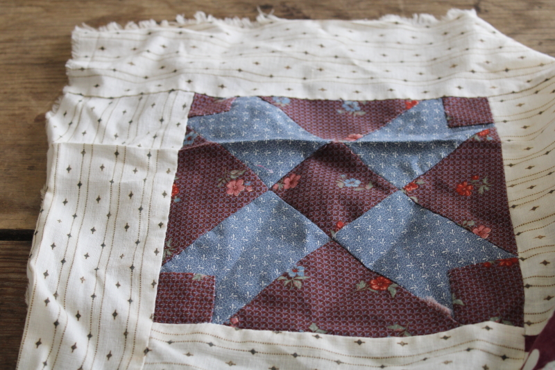 photo of old antique cotton patchwork quilt block table runner, calico prints & striped shirting fabric #12