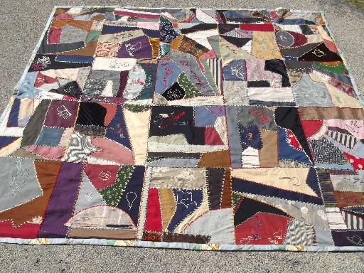 photo of old antique crazy quilt, patchwork silk wool cotton fabric w/ embroidery dated 1890s #1