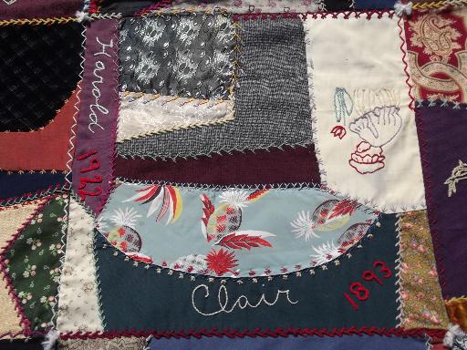 photo of old antique crazy quilt, patchwork silk wool cotton fabric w/ embroidery dated 1890s #4