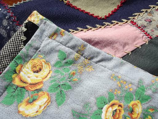 photo of old antique crazy quilt, patchwork silk wool cotton fabric w/ embroidery dated 1890s #8