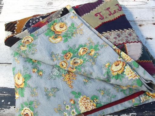 photo of old antique crazy quilt, patchwork silk wool cotton fabric w/ embroidery dated 1890s #9