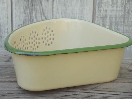 photo of old antique cream & green enamelware sink corner strainer basket sieve #1