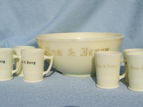 photo of old antique custard glass Christmas Tom and Jerry bowl and cups, holiday punch set #1