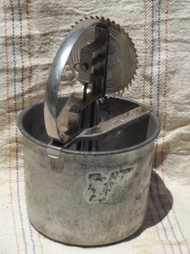 photo of old antique egg beater, tinned steel bowl and hand-crank whipper beaters #3