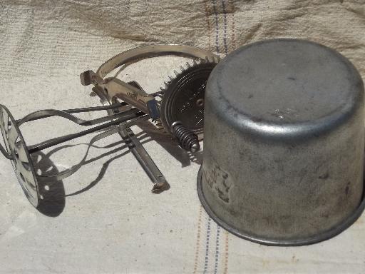 photo of old antique egg beater, tinned steel bowl and hand-crank whipper beaters #7