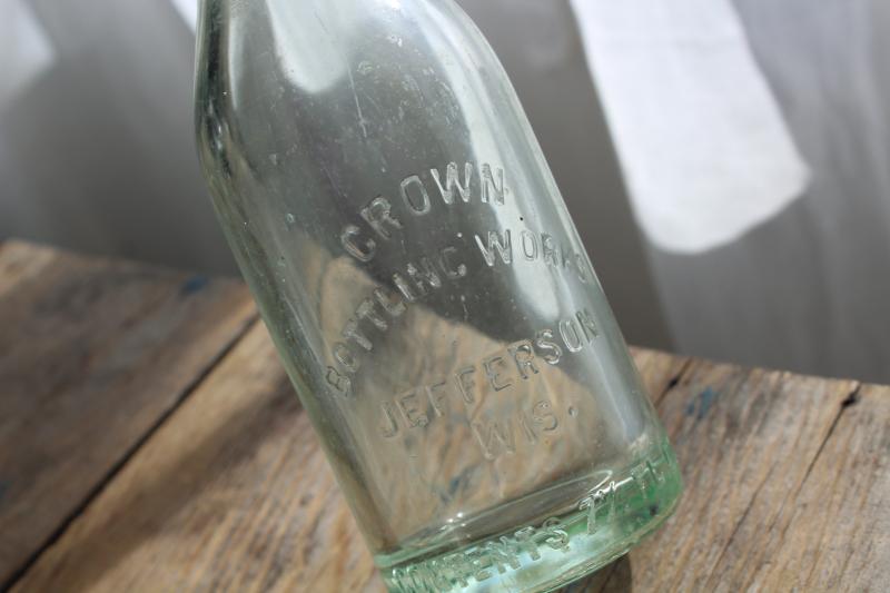 photo of old antique embossed glass bottle Crown Bottling Works Jefferson Wisconsin #2